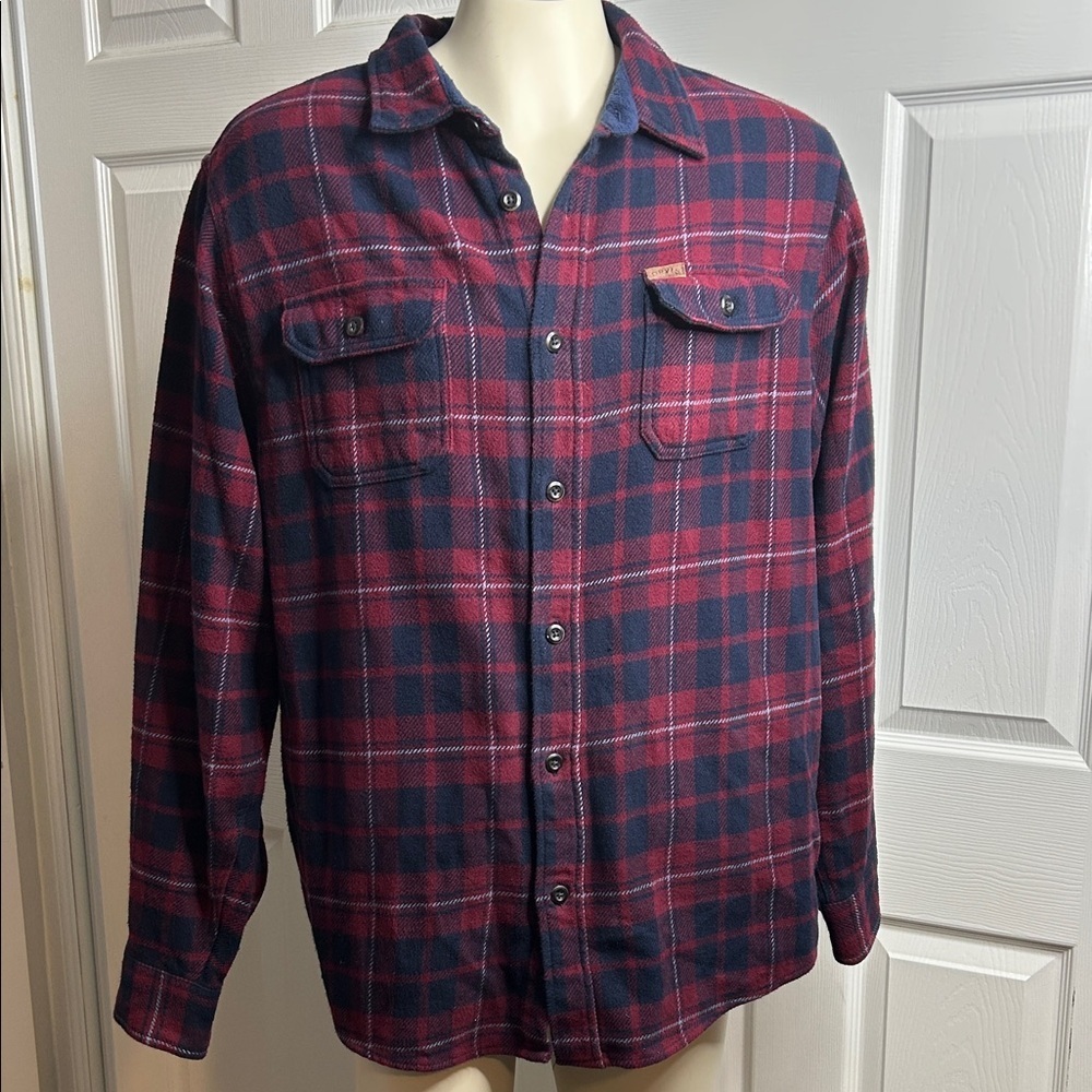 Orvis Men's Casual Plaid Shirt Burgundy and Navy Button Down XL